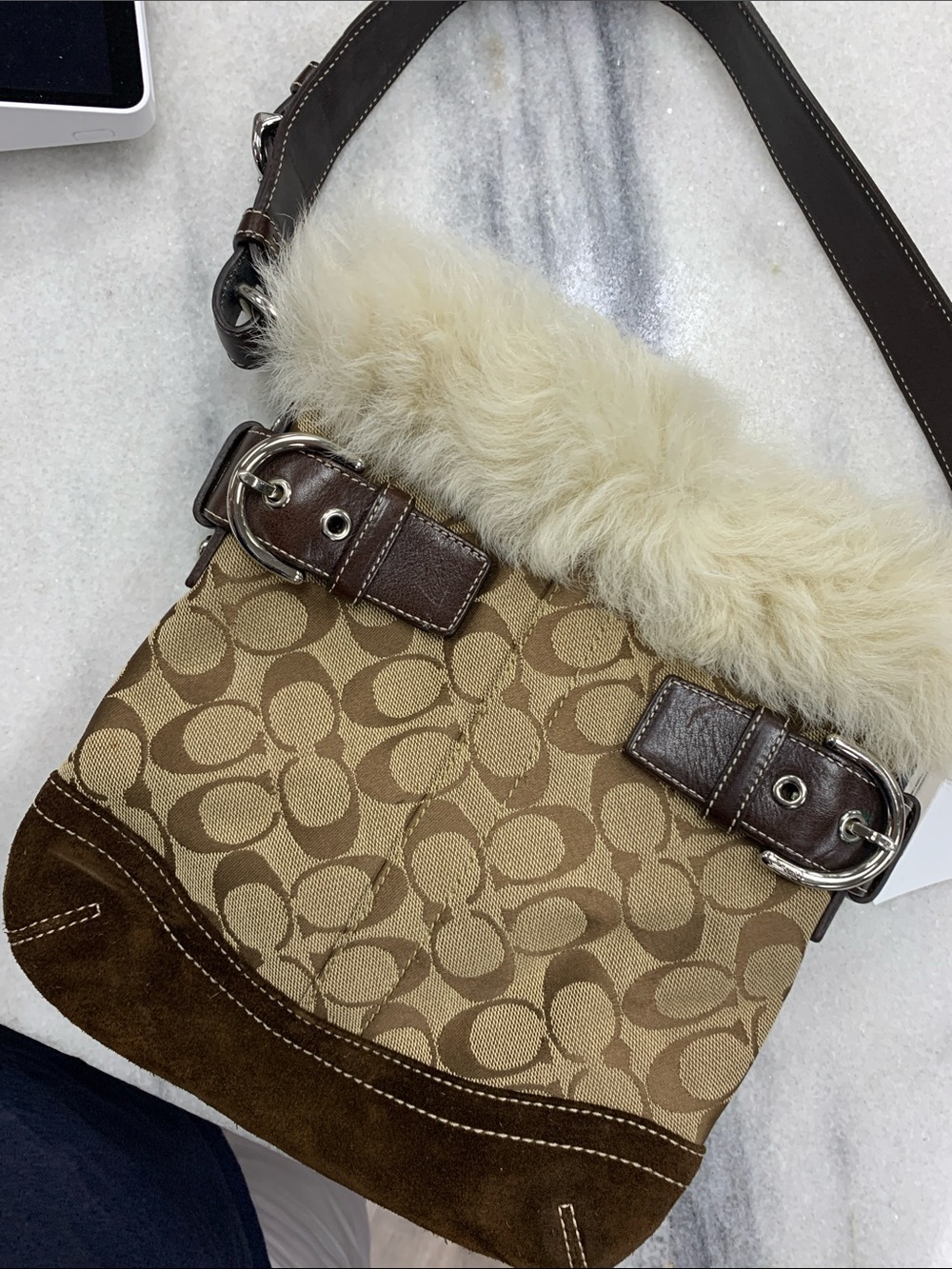 Coach Tan & Brown Signature Jacquard Fur-Trim Shoulder Bag - Picture 10 of 12